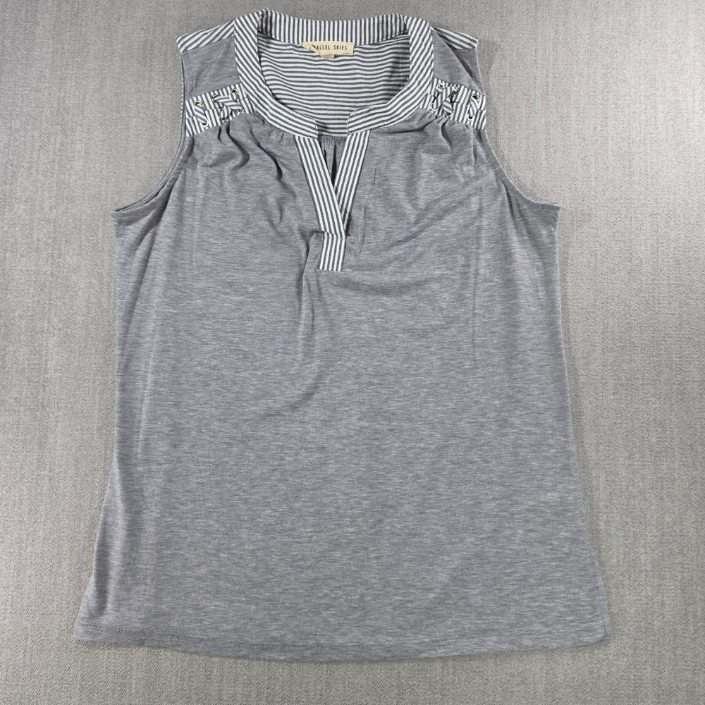 Parallel Skies Tank Top Womens Medium Grey Striped Lace Up Shoulder‎ Split Neck